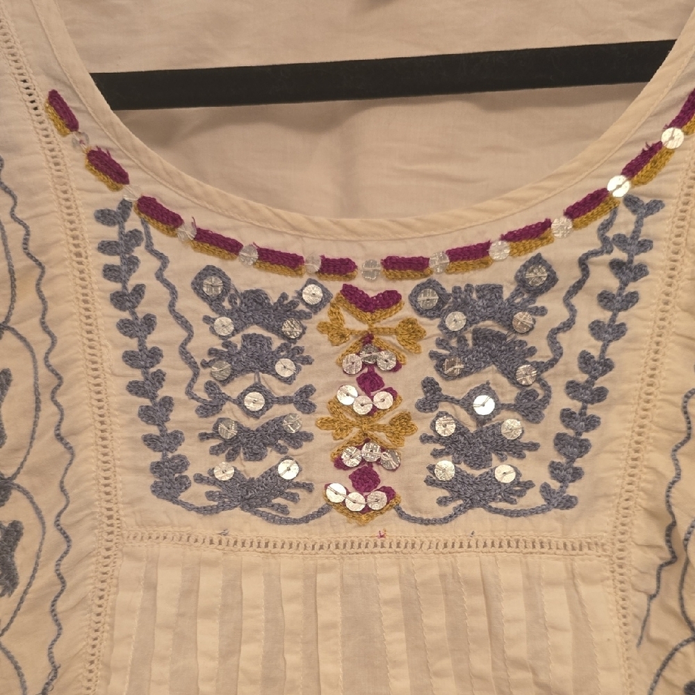 Thyme Maternity Cream Blouse with Blue Embroidery